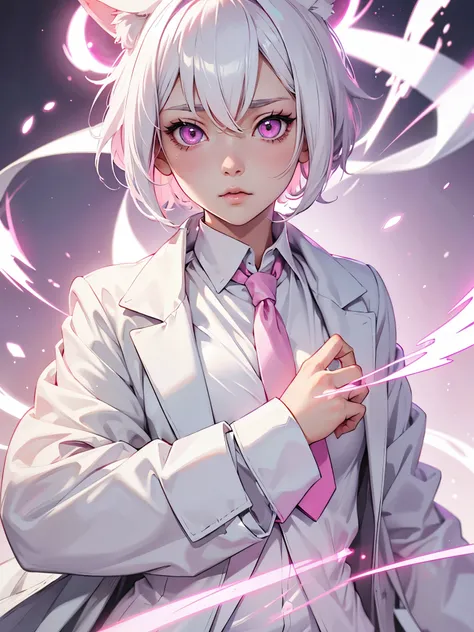 White hair. Short hair. Inner pink hair. Anime girl. Pink eyes. Glowing eyes. Nekomimi. White clothes. Black coat. Pink tie. Bandage hand. 