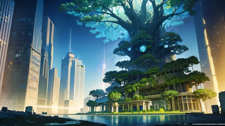 Masterpiece, robot hands a bouquet of flowers to a , mysterious, light emanates from the center, made from ruins, skyscraper, Tokyo, painting of a tree with a bridge, fantasy valley with a tree, high detailed fantasy , fantasy tree, colorful and detailed d...