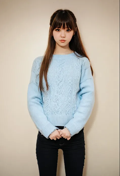 （estilo manhwa de Bad thinking diary de rangrarri ),A model of a young woman with long brown hair with bangs above the eyebrow, atado en una trenza a un lado de su hombro. Wearing a simple outfit of a light blue sweater with black jeans. 