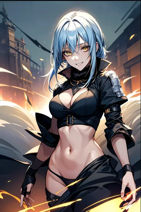 (masterpiece), best quality, expressive eyes, perfect face, highres, 1girl, solo, (female:1.5), (adult:1.5), lrd1, rimuru tempest, light blue hair, yellow eyes, black blouse, black jacket, fur trim, evil smile, fingerless gloves, eyes full of hate, landsca...