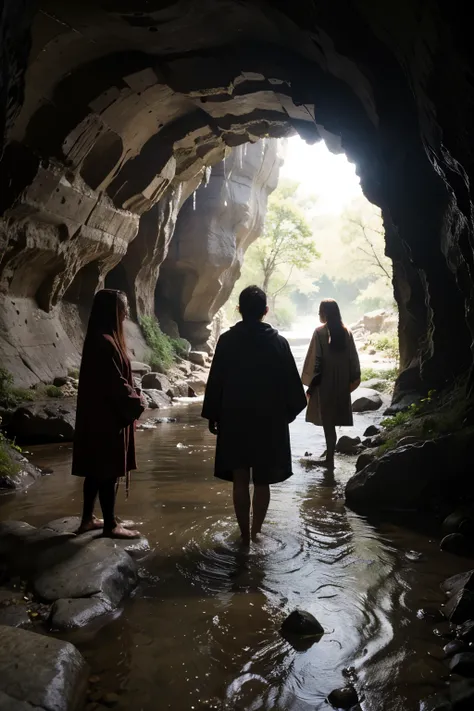 scene: huge cave, yellowish rocks, stream in middle. Many humanoid creatures wearing long cloaks of different colours. They are standing on both sides of the stream.