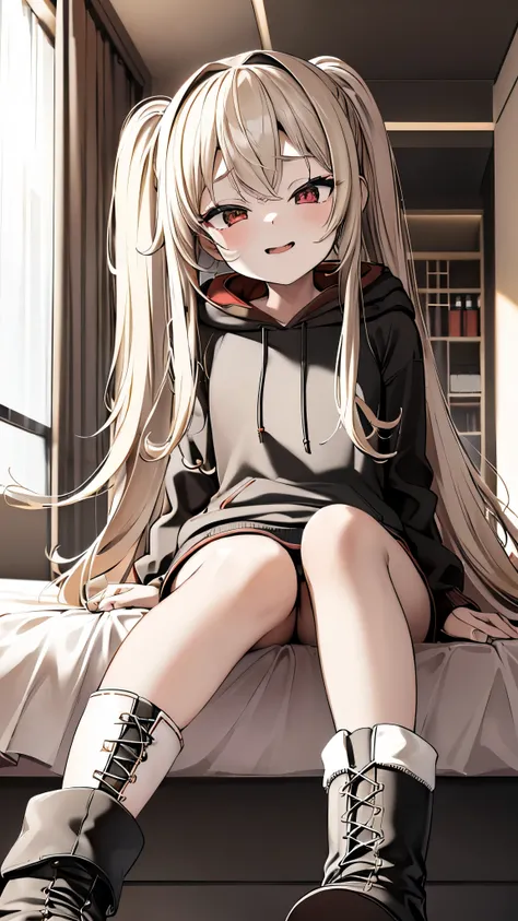 blonde、girl、Long Hair、ultra-detailed , best quality, high resolution, master piece ,beautiful eyes, cute、lovehotel,((((sitting on a bed)))), black and White hoodie、Red and black hoodie、White hoodie、((black platform boots))、perfect finger、(((boots focus))),...