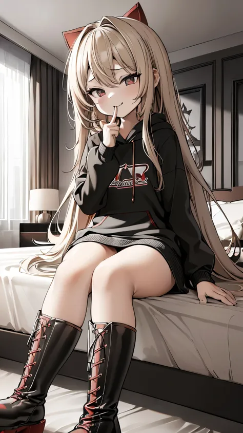 blonde、girl、Long Hair、ultra-detailed , best quality, high resolution, master piece ,beautiful eyes, cute、lovehotel,((((sitting on a bed)))), black and White hoodie、Red and black hoodie、White hoodie、((black platform boots))、perfect finger、(((boots focus))),...