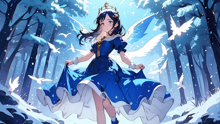 Generate an image that represents Snow White in a movie scene. Blancanieves, with her characteristic blue and yellow dress, It is located in the forest surrounded by leafy trees and forest animals. A su alrededor, The birds sing and the rabbits jump while ...