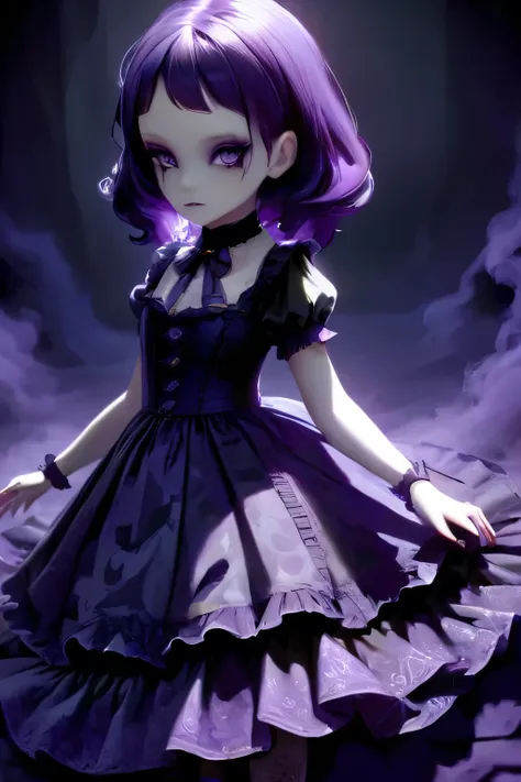 fantasy art shadow, 8K, HD, gloomy colors, horror,13 years old girl,cute,pretty,Gothic lolita with purple shaved head, casting glowing soul spells while wearing lolita dress, porcelain doll