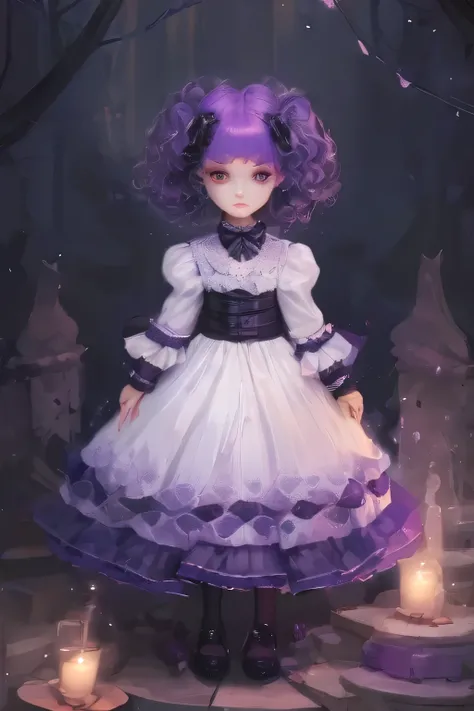 fantasy art shadow, 8K, HD,13 years old girl,cute,pretty,Gothic lolita with purple shaved head, casting glowing soul spells while wearing lolita dress, porcelain doll,curly hair