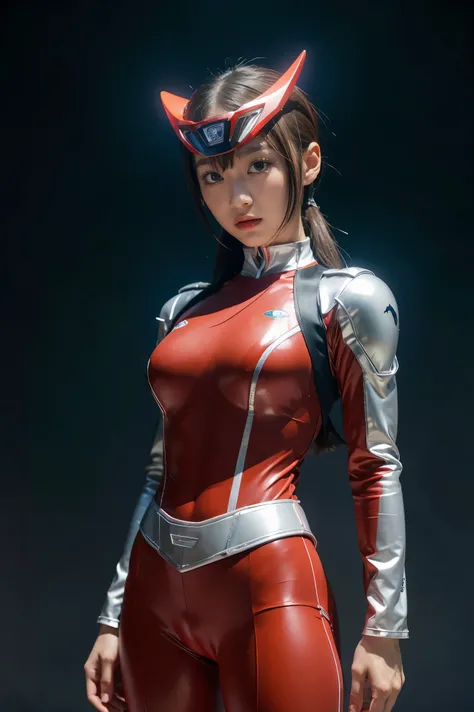 Ultraman、realistic、realistic、cinematic lighting, Girl in a shiny red and silver suit、15 years old、professional photos、Don&#39;Do not expose your skin, japanese model, japanese cgi、Ultraman Suit、, Power Rangers Suit、tight and thin cyber suit,Whole body rubb...