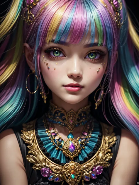 this artwork should be colorful and evoke feelings of euphoria and ecstasy. generate a beautiful fantasy woman with an interesting and dynamic manic expression. the woman is dressed in the style of harajuku decora fashion. there are many intricate and high...