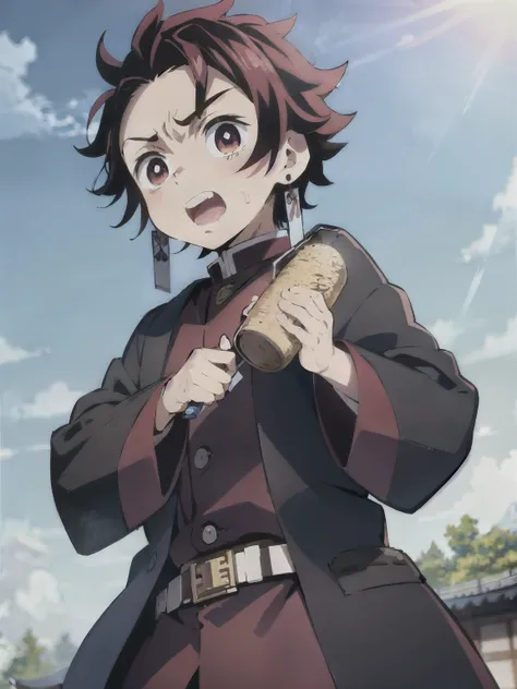 demon slayer, tanjiro, solo, open mouth, brown hair, long sleeves, 1boy, brown eyes, jewelry, jacket, upper body, Drink rea, male focus, earrings, japanese clothes, haori, teeth, belt, wide sleeves, holding weapon, black jacket, scar, earrings, scar on fac...