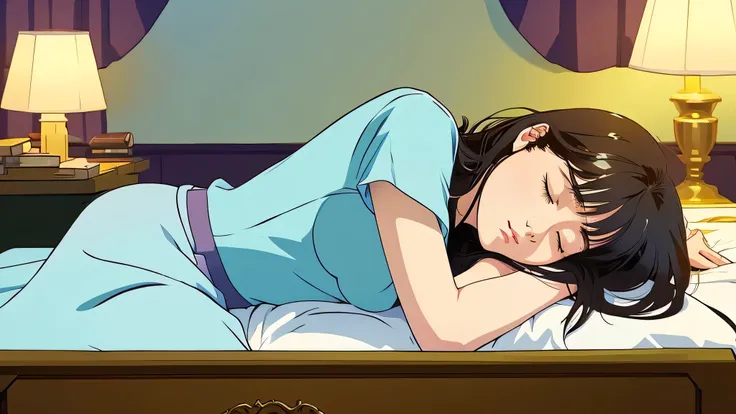 A pretty anime-like woman sleeping sadly on her desk、In the style of illustrations