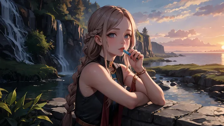 (masterpiece misguided style, best quality, dusk:1.3), a cute irish girl, portrait-type, copper, chubby, , gray waterfall braid, lip balm, sunset background, Exquisite, trending on CGSociety