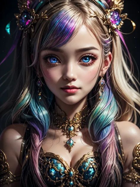 this artwork should be colorful and evoke feelings of euphoria and ecstasy. generate a beautiful fantasy woman with an interesting and dynamic manic expression. the woman is dressed in the style of harajuku decora fashion. there are many intricate and high...