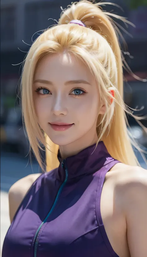 1female, ino in anime anime shippuden, long hair, yellow hair, blue eyes, smile, beautiful, purple clothes, realistic clothes, c...