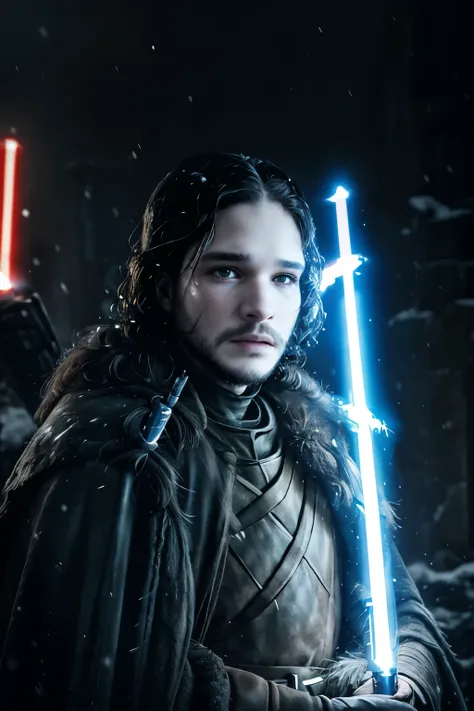 Head shot photography, Face portrait, 40 years old, masterpiece, (aged Jon Snow:1.4), most realistic, very detailed, smoke, future urban setting, hightech, glowing, lightsaber, mecha, (like a jedi:1.4),  (holding lightsaber straight:1.2), light glows on fa...