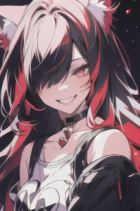 best quality, intricate details, chromatic aberration,1girl, long hair, colourful hair, messy hair, red highlights, hair over one eye,cat eyes, sharp eyes, smiling ,choker,blacklight,wolf ears