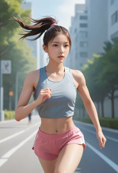 1 girl, solo, running, Gray Track Top, pink shorts, ponytail, athletic build, dynamic brushstrokes, fluid movement, capturing the essence of her athleticism and energy, using light colors and soft tones to create a dreamy and ethereal atmosphere, portrayin...