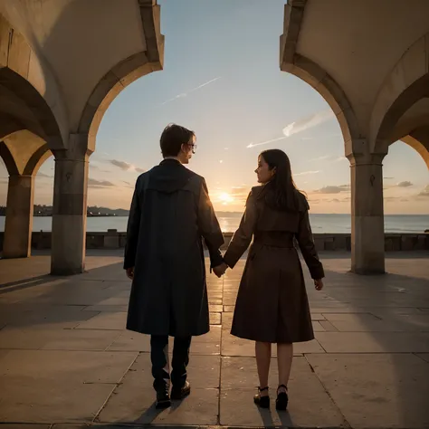 Create Harry Potter holding hands with Ginny Wesley walking into the heart-shaped sunset 