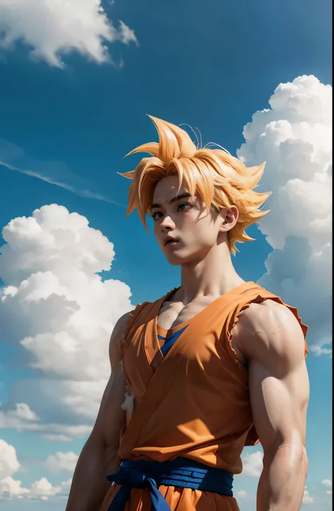 chibi goku, 1boy, male focus, super sayajin, goku outfit, solo, sky, cloud, day, blue sky, male , Outdoor, upper body, overcast sky