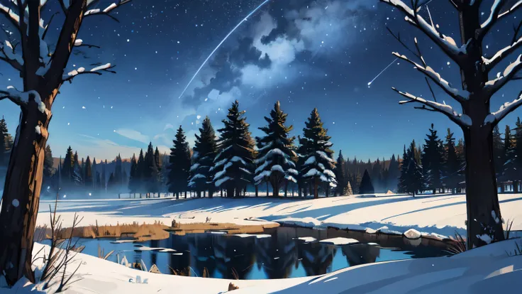 winter forest, night, stars in the sky