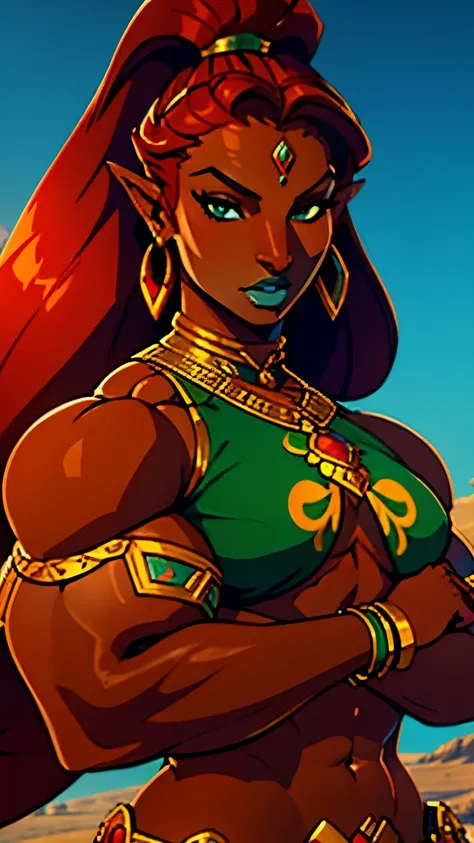 ((best quality)), ((highly detailed)), masterpiece, (detailed eyes, deep eyes), (1girl), full body, gerudo, very long hair, red hair, muscular female(dark skin), big nose, green lips, lipstick, large bust,gold jewelry, cyan clothes, outside, in a desertcin...