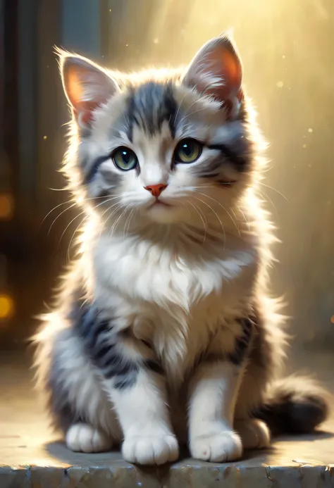 a cute cat greets the viewer, pierre＝art by auguste renoir and jeremy mann, (viewpoint angle:1.2), realistic, ray tracing, beaut...