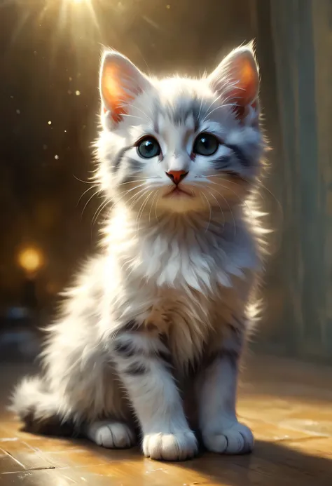 Cute kitten greets viewers, Pierre=Art by Auguste Renoir and Jeremy Mann, (Viewpoint angle:1.2), Realistic, Ray Tracing, Beautiful lighting,masterpiece