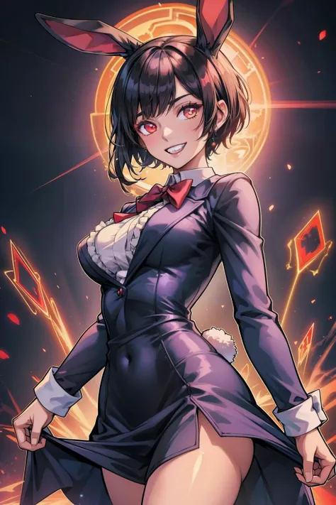 anime girl, bunny ears, short black hair, suit, red eyes, (masterpiece), fantasy, 1girl, dress, frills, grin, (magic:1.2), glowing, light particles