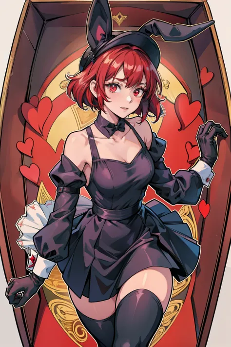anime girl, bunny ears, short black hair, suit, red eyes, (masterpiece), thighhighs, hat, maid, long sleeves, gloves, dress, black dress, skirt, black skirt, collarbone, red hair, in container, (in a heart shaped box)
