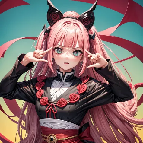 Garota de cabelos ruivos e olhos rosados, dentes afiados e unhas grandes, garota bela, estilo anime, estilo de kimetsu no yaiba, demon slayer, 4k