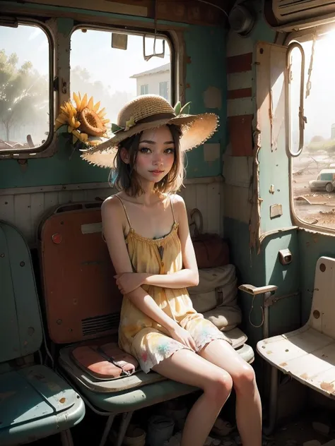 masterpiece, best quality, 2girls, (closeup), 18yo teen, slim, small breast, short light sundress, summer hat, sitting, in abandoned bus, hugging, lode, smile, flood, wasteland, colorfull, desolate, sunny, (sun rays:1.3), watercolor, 