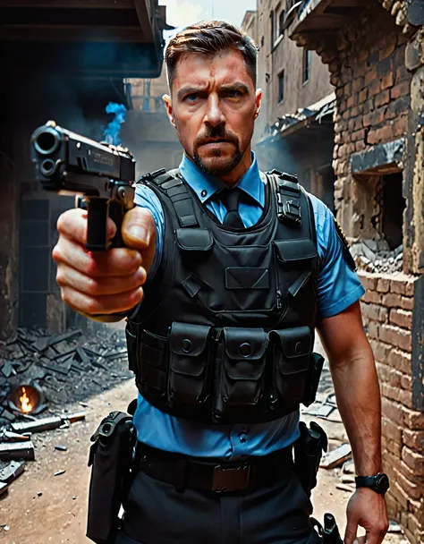 Soldier with dark uniform, pointing pistol at the viewer, STI 1911, ruined background, realistic, stylish, rutkowski, goatee, brown hair, buzz hair, blue eyes, tactical vest, intricate details, hyperdetailed, cinematic, rim light, danger atmosphere