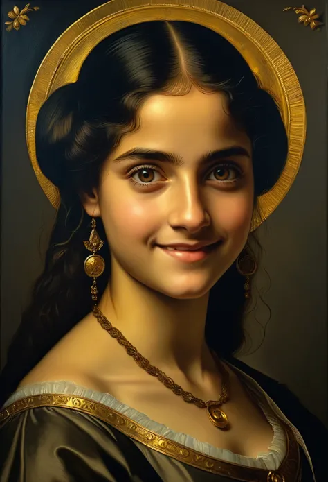 Beautiful Maxa, Beautiful eyes, 18 years old, mystery smile, golden ratio, ((Francisco Goya style)), gloomy Renaissance, dark stone studio, two-tone lighting, ((Best quality, masterpiece)), ((Highest detail)), RAW: 1,1, 8K