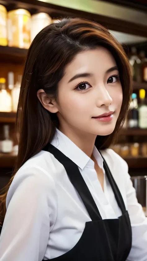 Generate the highest quality photos of female bartenders。 Please include the following elements。 The image should include everything from the top of your head to above your knees.、Shoulders and hands should not be cut off from the image.、People are facing ...