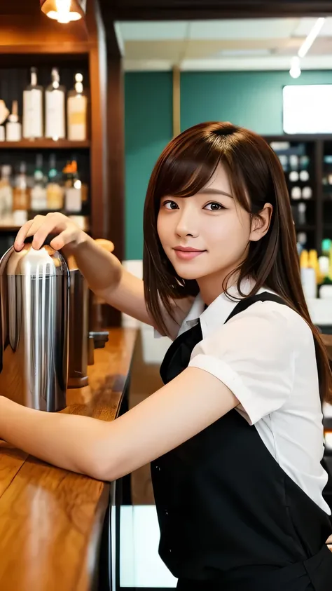 Generate the highest quality photos of female bartenders。

Please include the following elements。
The image should include everything from the top of your head to above your knees.、Shoulders and hands should not be cut off from the image.、People are facing...