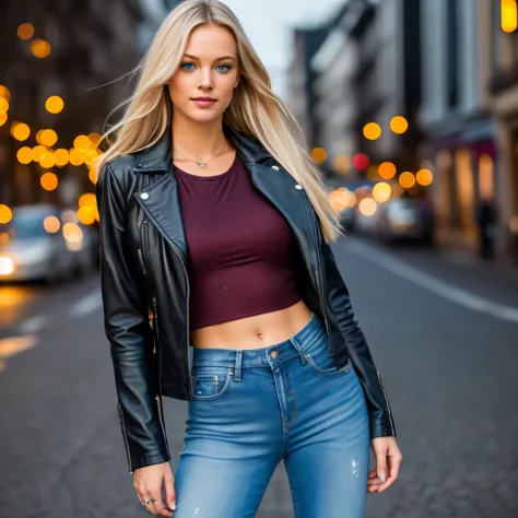 (straight body half: 1.4), RAW UHD full body photo of a 24 year old blonde (blue-eyed woman), big ,, Sonnenlicht, (jeans, leather jacket), Einzelheiten (Texturen! , Haar! , glitter, Farbe!! , Nachteile: 1.1), shiny eyes with high detail (Blick in die Kamer...