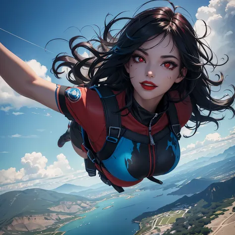 Masterpiece, best quality, Alone girl, (jumping from the plane, parachute jump, view from below). Wearing a paratrooper jumpsuit, parachute backpack on his back, tattoos on his body, ear piercing. Background scenery, sky, clouds, plane leaving, far away, d...