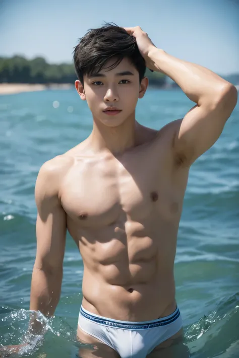 1boy,asian young man, muscular,twink,normal body, in the water ,