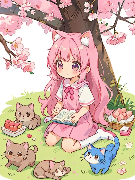 Estilo Momoko Sakura, Kawaii Design, The most beautiful girl of all time.(orejas de gato)、Chibi, Lindo y colorido padre cochinilla y 、picnic, gatitos, cabello largo rosa con orejas kawaiis de gato, ojos morados,