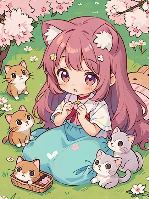 Estilo Momoko Sakura, Kawaii Design, The most beautiful girl of all time.(orejas de gato)、Chibi, Lindo y colorido padre cochinilla y 、picnic, gatitos, cabello largo rosa con orejas kawaiis de gato, ojos morados,