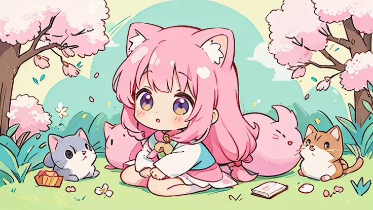 Estilo Momoko Sakura, Kawaii Design, The most beautiful girl of all time.(orejas de gato)、Chibi, Lindo y colorido padre cochinilla y 、picnic, gatitos, cabello largo rosa con orejas kawaiis de gato, ojos morados,