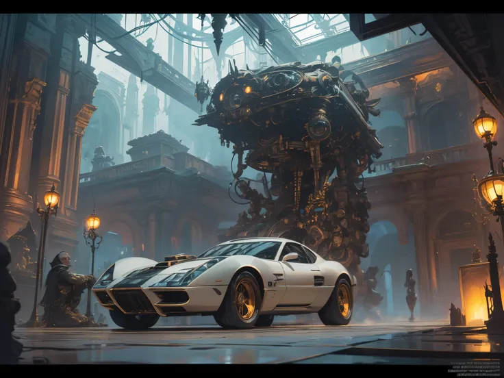 futuristic car biomechanical steampunk vehicle reminiscent of fast sportscar with robotic parts and (glowing) lights parked in ancient lush Inca palace, gothic and baroque, brutalist architecture, ultradetailed, creepy ambiance, fog, artgerm, giger, Intric...