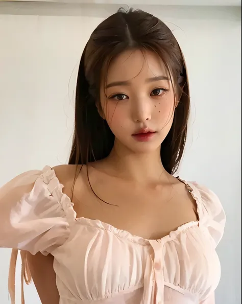 wonyoung from ive face, brown cut hair, foto realista, ultra hd, 8k, big juicy doll lips