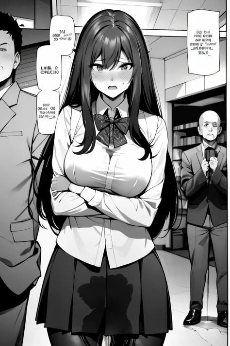 A woman with long black hair, wearing a business outfit consisting of a suit, pencil skirt, and pantyhose, stands in a monochrome setting. The artwork is inspired by manga and incorporates a doujin style. The woman appears to be (wetting herself:1.5), whic...