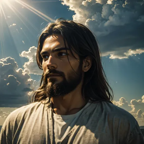 (RAW style, masterpiece, best quality, ultra-detailed), Jesus in the sky between clouds, rays of sun behind him, day light, 