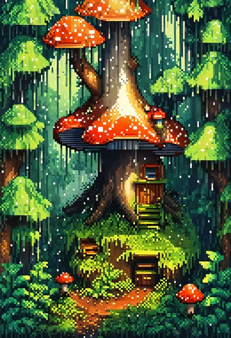 top quality, best quality, high-quality illustrations, masterpiece, treetops sheltering in the rain under a large mushroom, pixe...