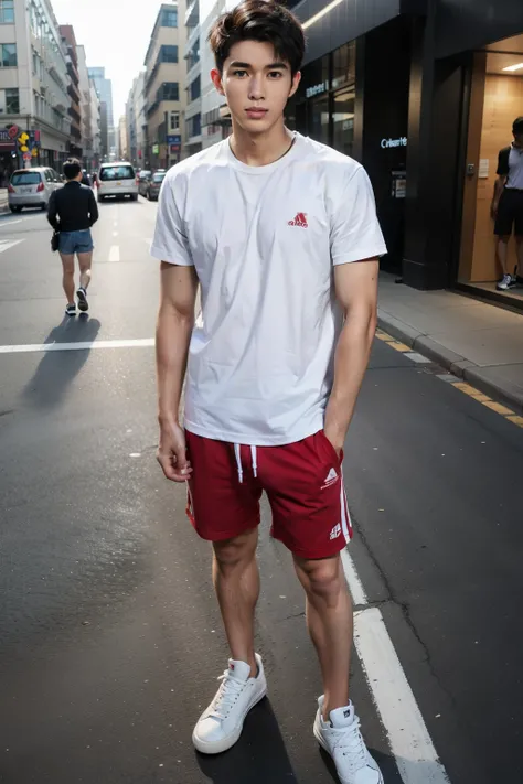 Malay teen boy (fattah amin:1.2) age 23 years old wearing smart casual outfit standing in the busy street, skinny boy, short, handsome, small muscle, dark skin, detail skin texture, realistic skin, white sneakers,