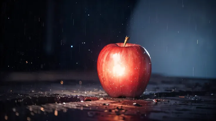 a red apple in the night in the light of the moon volumetric lighting, volumetric shadows, masterpiece, best quality, sky, raini...