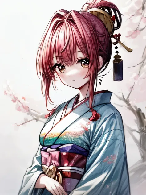 "Create an image of a serene landscape with a young girl wearing a traditional spring kimono, focusing on her bust.