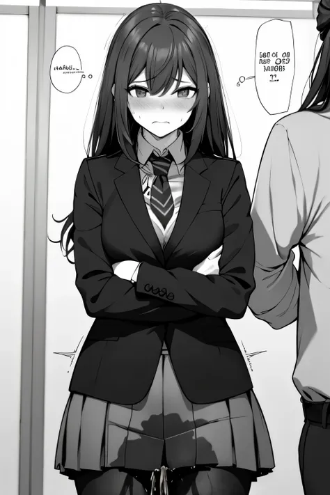 a woman with long black hair, wearing a business outfit consisting of a suit, pencil skirt, and pantyhose, stands in a monochrom...