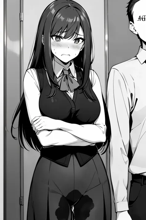 a woman with long black hair, wearing a business outfit consisting of a suit, pencil skirt, and pantyhose, stands in a monochrom...